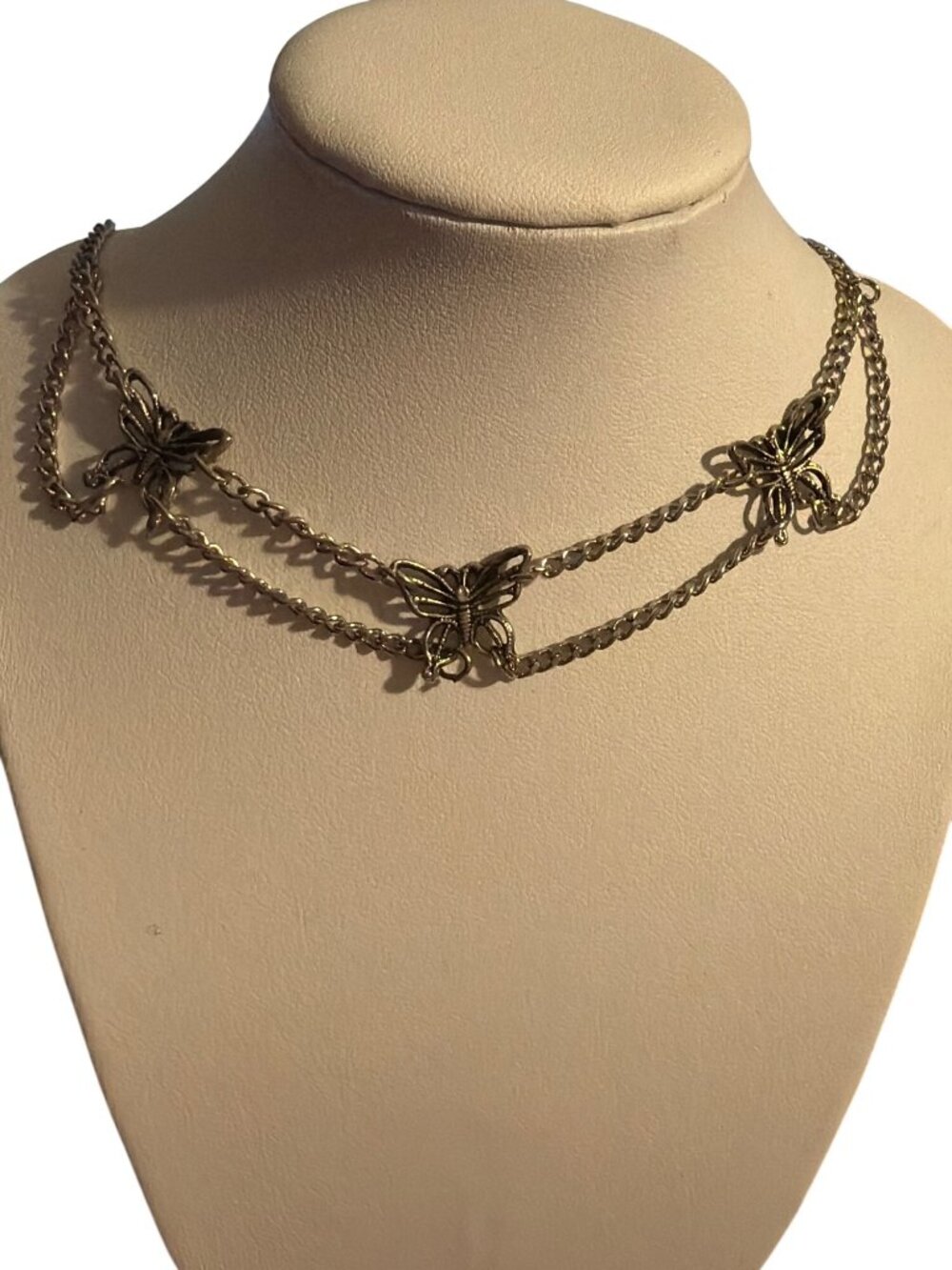 Silver Tone Butterfly Choker Collar Necklace Stations Drape Chain Adj 15"